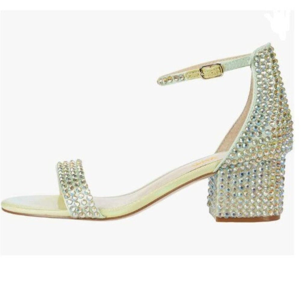XYD Green Open Toe Studded Rhinestone Low Block Heel Bejeweled Sandal